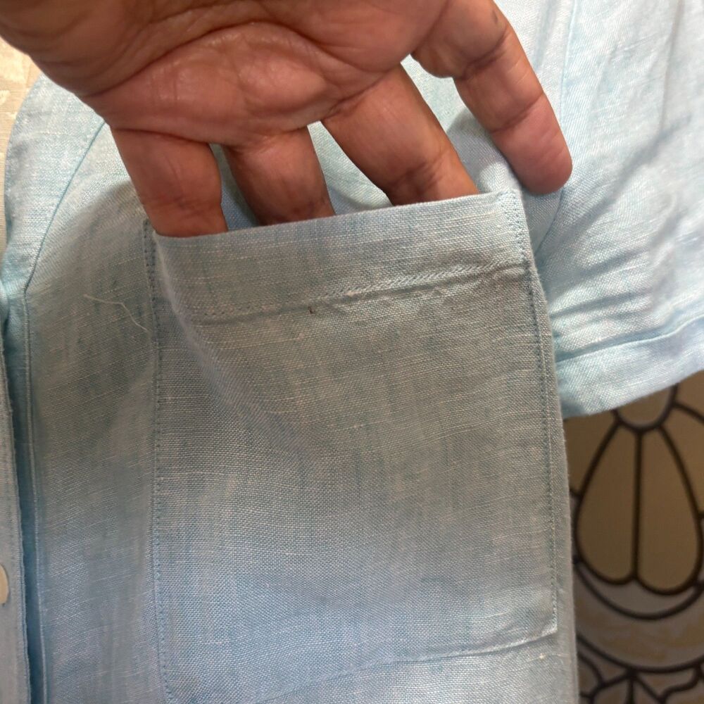 Pure Navy Linen Teal Button Down Midi Shirt Dress Pockets Beachy Coastal Size S - Picture 10 of 14